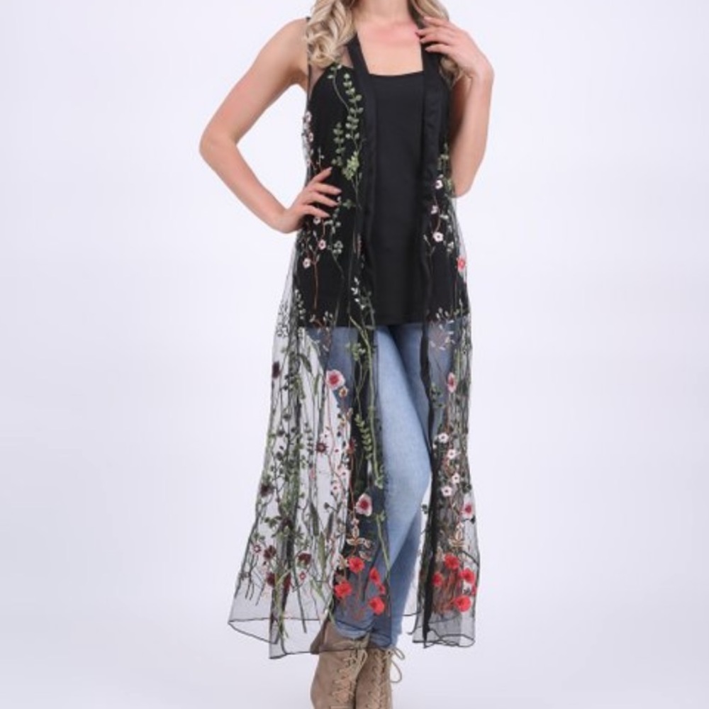 ISO Sleeveless Sheer black embroidered duster.